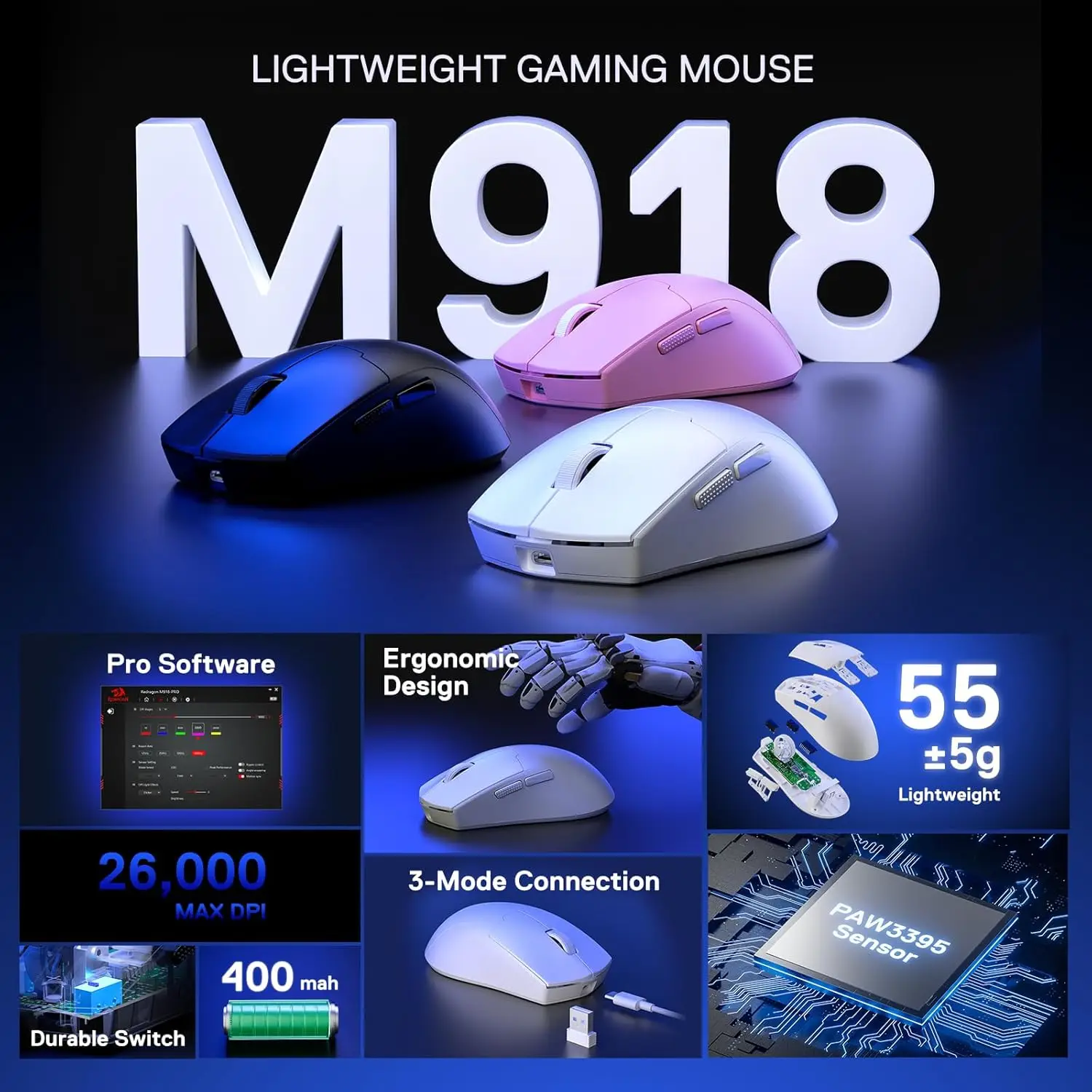 Redragon M918 PRO 3-modus draadloze gamingmuis 49G lichtgewicht 26K DPI gamermuis