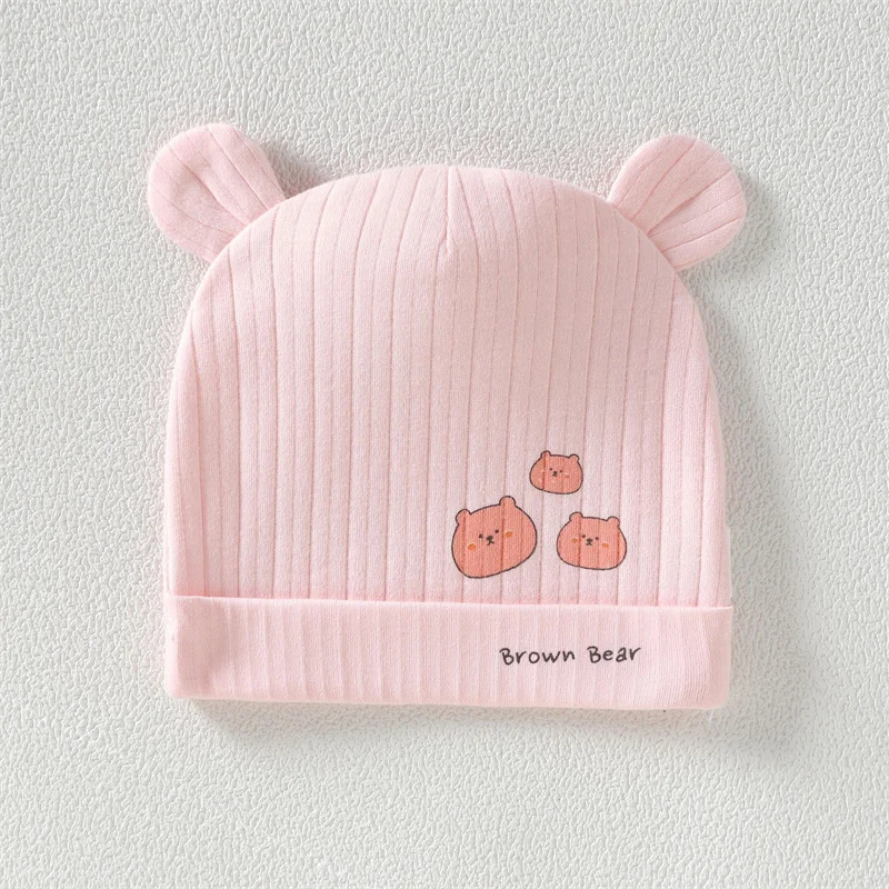 Brown Bear Baby Hat Newborn Swaddle Hat not tight head not rubbing neck Cute Little Bear ears Baby Single-layer hat Pink