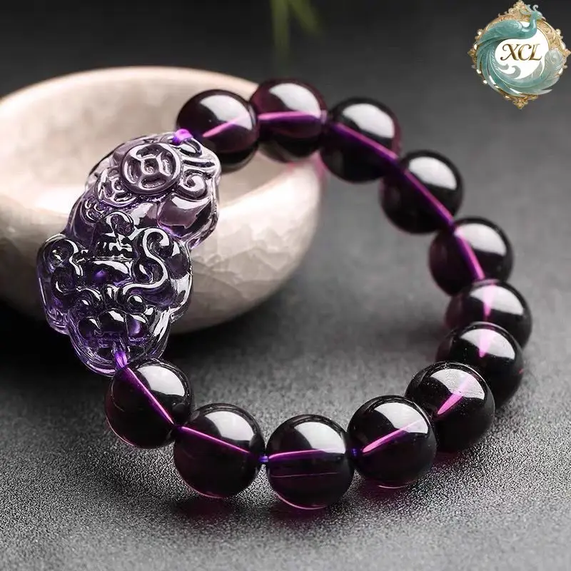 

Collector's Grade 8A Lucky Natural Uruguayan Amethyst Pixiu Bracelet - Wealth & Treasure Attracting Single Strand Bracelet