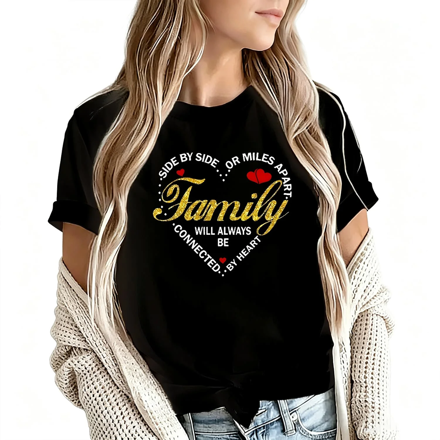 Golden Glitter Family Love Print Women's T-Shirt 100% Cotton Funny Graphic Short Sleeve Tee Novelty Shirt Casual Crew Neck Top S-5Xl