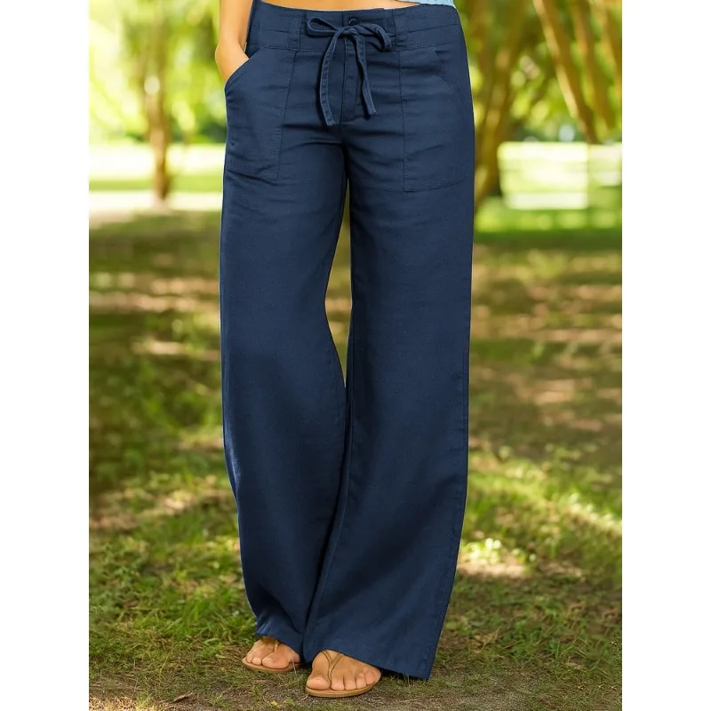 Pantaloni casual da donna in cotone e lino larghi tinta unita con tasca elastica in vita dritta con cinturino a vita alta tinta unita