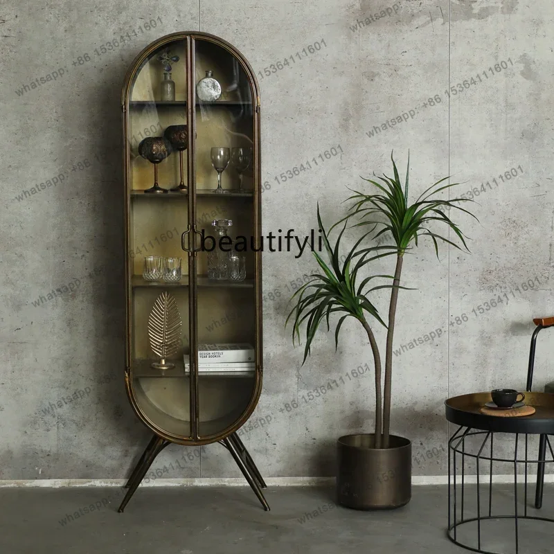 

American Industrial Style Sideboard Cabinet Double Door Glass Wine Cabinet Retro Simple Iron Locker