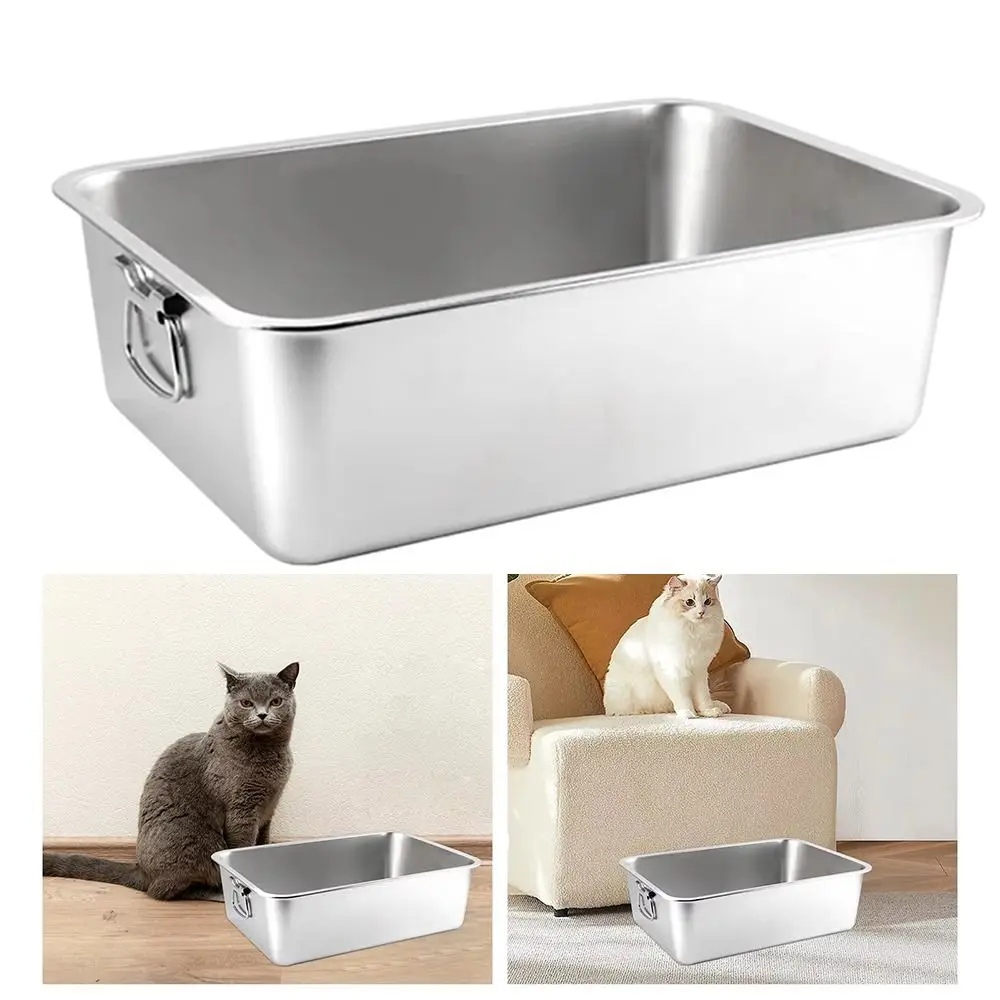 

Durable Stainless Steel Metal Cat Litter Box Open Top with Handle Litter Pan Large Never Absorbs Odor Cat Toilet Home