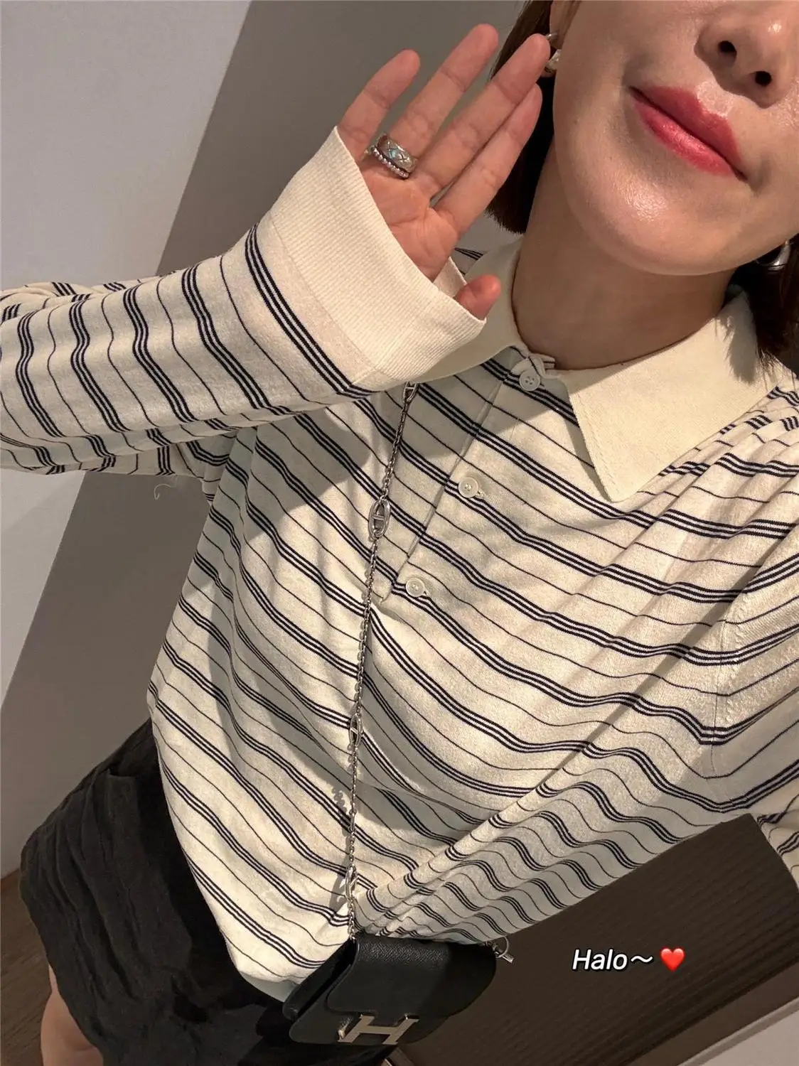 2025 autumn new polo stripes full of logo pattern color matching loose casual age-reducing long-sleeved T-shirt top