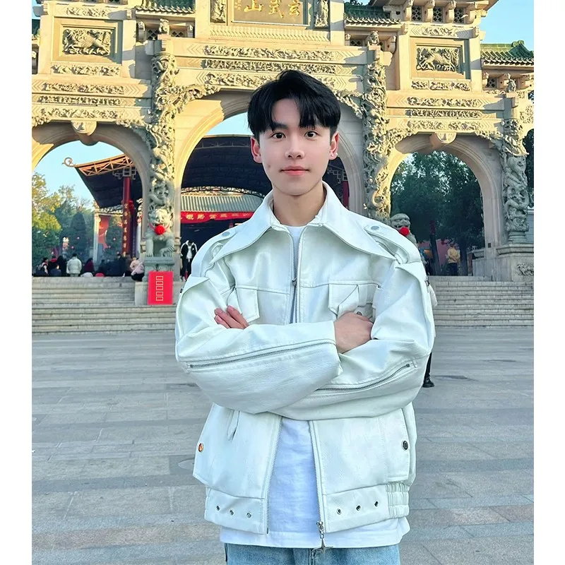 

American Vibe Deconstructed oulder Pad Leather Jaet Men's Spring Autumn Design Sense Cool Zipper Trendy Motorcycle Jaet