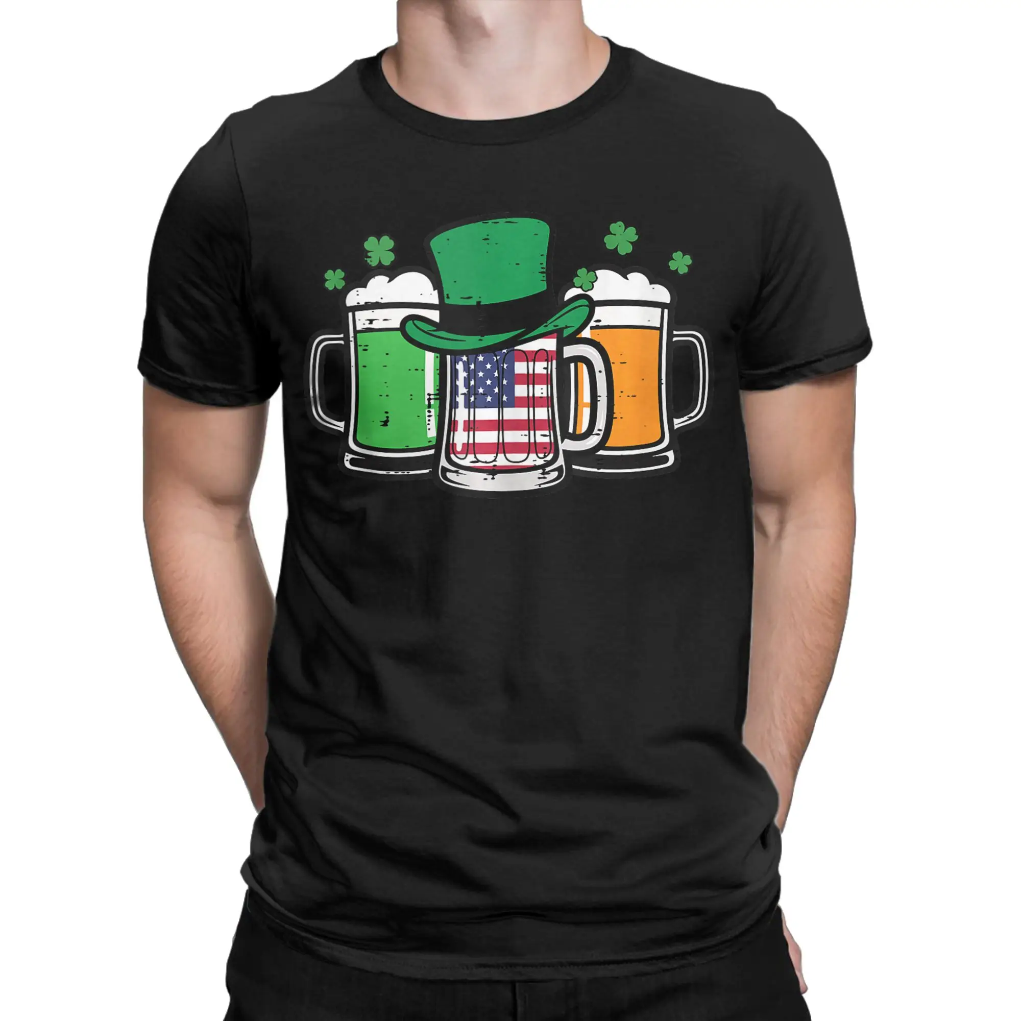 St Patricks Day Mug US Flag Saint Pattys Patriotic T Shirts Men Cotton T-Shirt Round Collar  Tees Short Sleeve Clothes Gift Idea