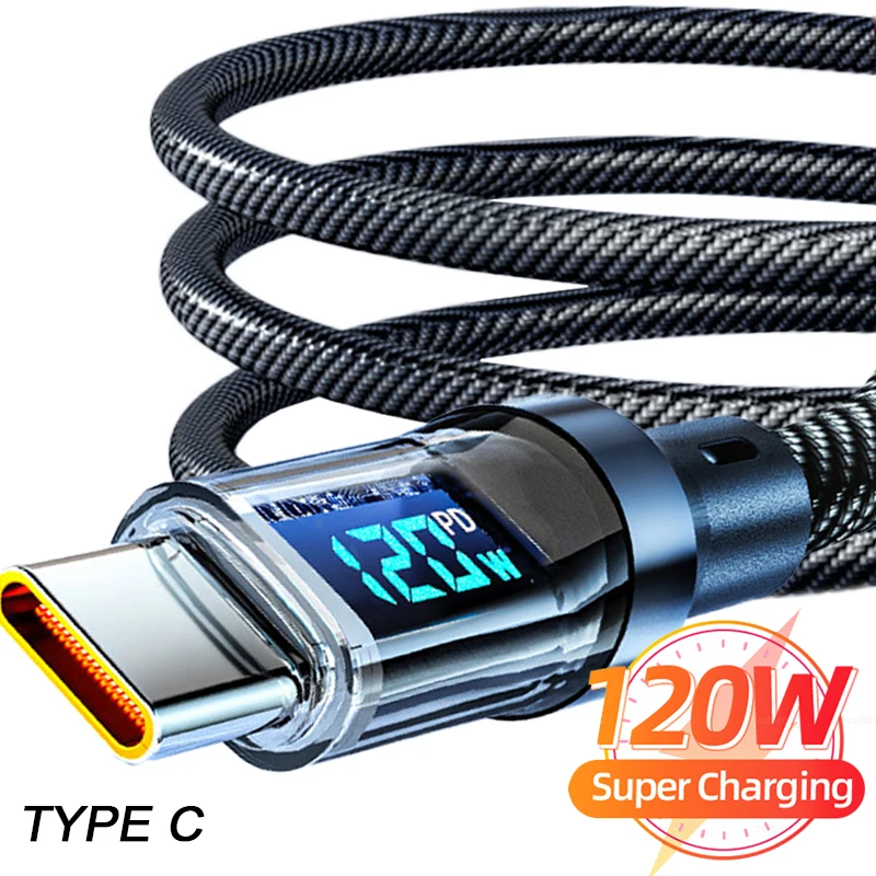 120w schnelles Aufladen USB C Kabel mit LED-Display Zink legierung Nylon geflochten Typ C Ladegerät Kabel für Android Samsung Huawei