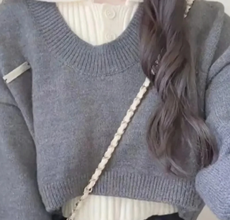 Conjunto de suéter de pescoço para mulheres primavera outono novo estilo redução de idade malha top cor bloco design estilo universitário