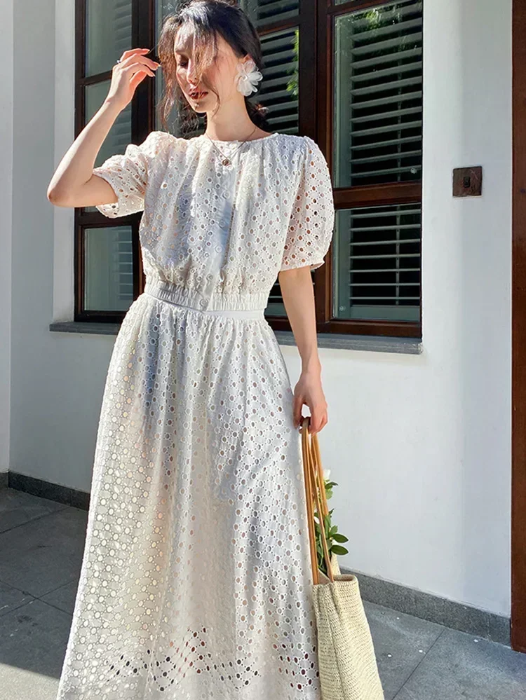 GypsyLady French Chic Elegant Dress Sets Women White Summer 2 Piece Sets Hollow Out Skirt Womens Blouse Ladies Casual Outfits