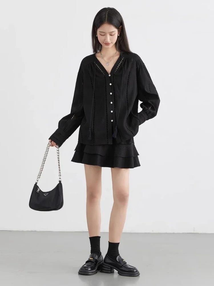 CHIC VEN Women Shirt Loose Casual V-neck Solid Hollowed Out Lace Up Woman Blouses Female Short Skirt Set Summer 2024