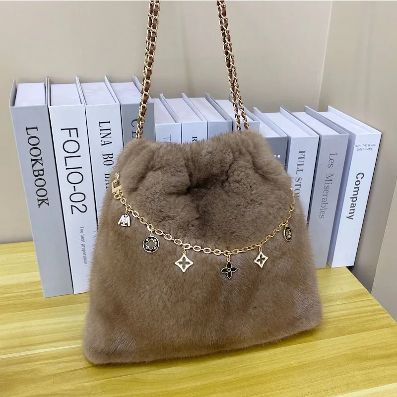 Y2K Velvet Shoulder Bag Pure Mink Fur Large Capacity Luxury Shoulder Bag Women's Thickened Tote Underarm Bag