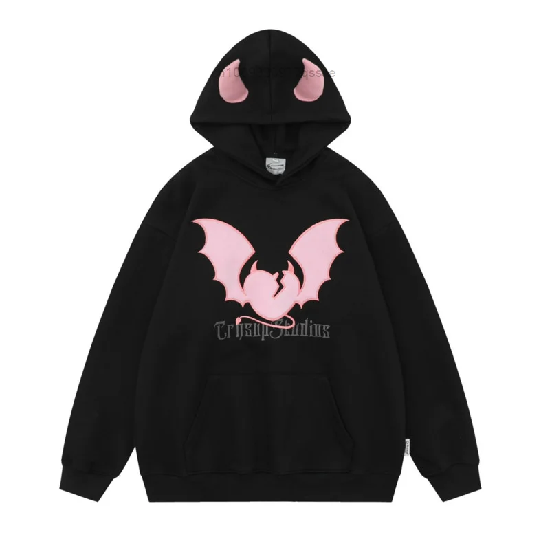 American Embroidered Broken Heart & Devil Horns Hooded Sweater for Men and Women Y2k Punk Loose Oversize Pullovers Trend Hoodie