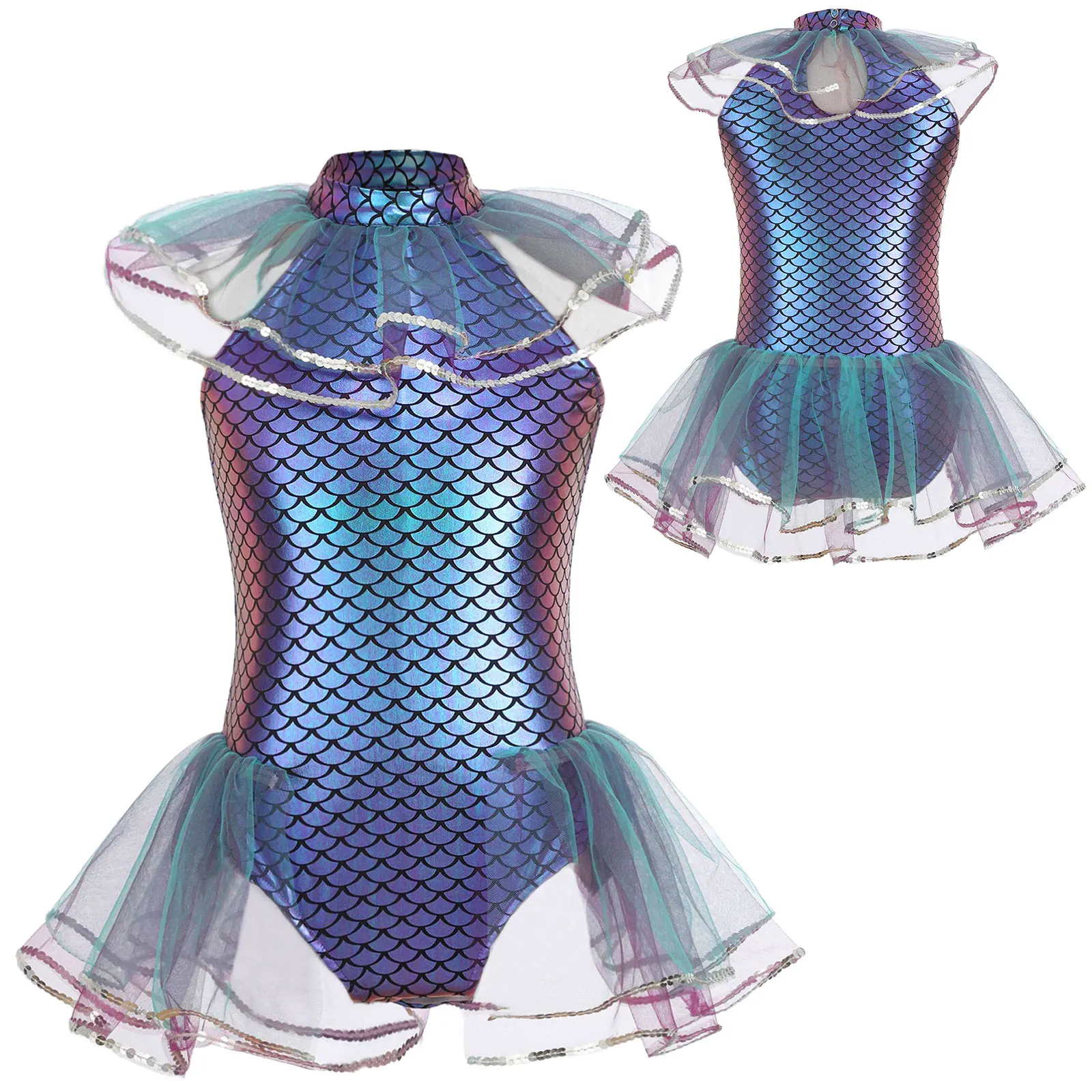 Kids Girls Halloween Carnival Mermaid Cosplay Costume Sleeveless Mermaid Princess Fish Scales Print Bodysuit with Arm Sleeves - Image 3