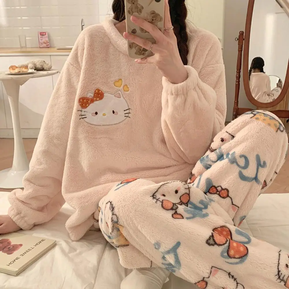 Kuromi My Melody Girls Flannel Pajama Sets Cinnamoroll Sanrio Coral Velvet Pajamas Winter Long Sleeve Cartoon Household Clothing