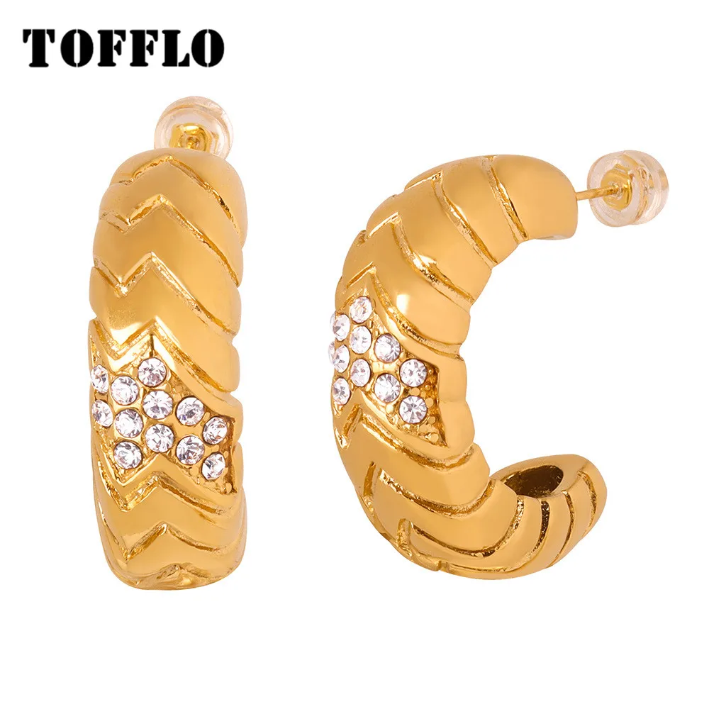 

TOFFLO Stainless Steel Jewelry Carved Tire Design Texture Design With Zircon Inlaid C-Shaped Earrings BSF990