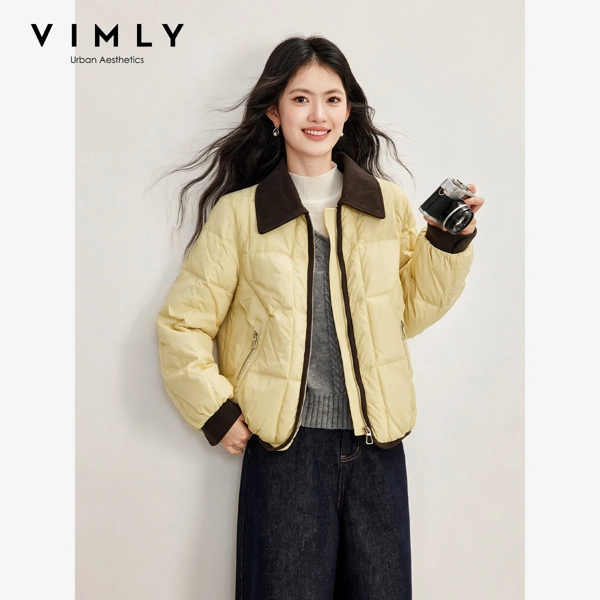 VIMLY Yellow Puffer Jacket for Women 2026 Winter Color Block Lapel Thick Warm Zip-up Short Coat Warm Fashion Outerwear 31931