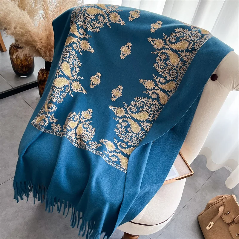 Winter Warm Cashmere Scarf for Women Embroidery Pashmina Blanket Thick Shawl Wrap Neckerchief Fashion Bufanda Echarpe Poncho