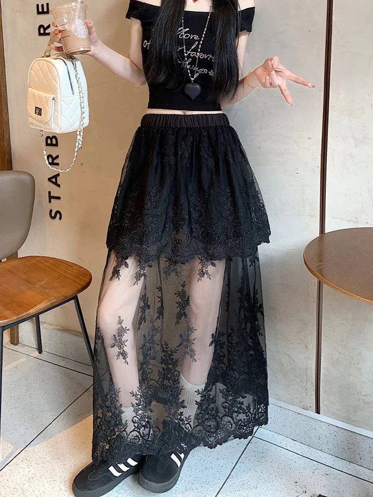 Gonne da donna in pizzo retrò Estate a vita alta Patchwork Gonne longuette casual Y2K Coreano elegante All Match Splicing A Line Gonne Mujer