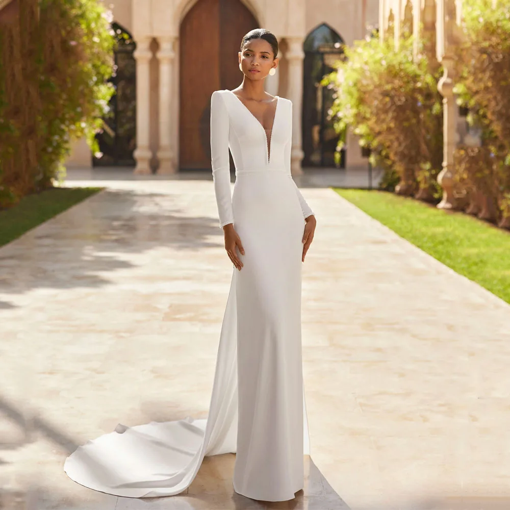 

MCDV Customized Crepe Simple Sheath Wedding Dresses 2025 Long Sleeve Elegant Bridal Dress Open Back Bride Floor Length Gown