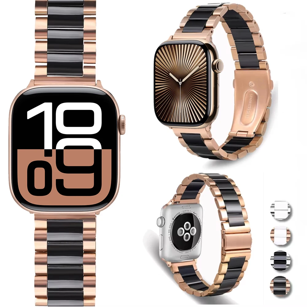 Ceramic+Metal Strap for Apple Watch Band 46mm 42mm 49mm 45mm 41mm 44mm 40mm Bracelet Belt iWatch Series Ultra 10 9 8 7 6 5 SE 3