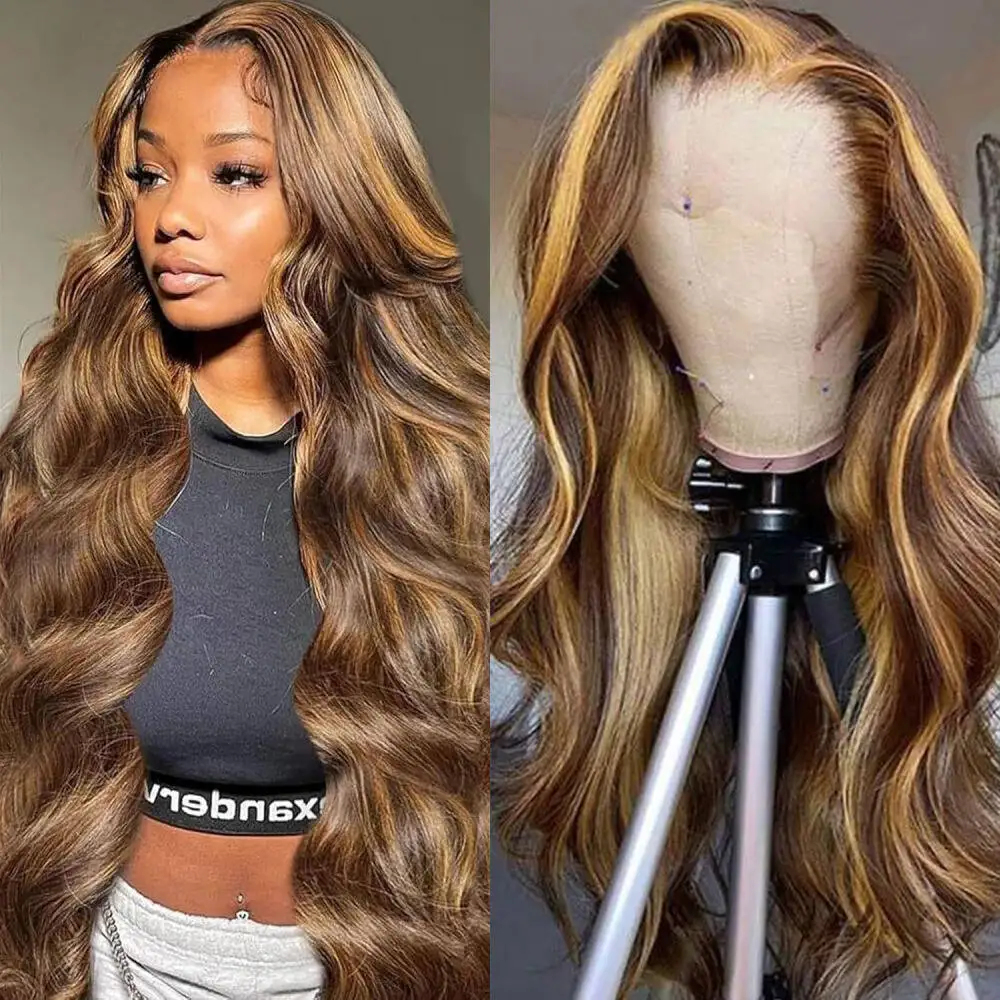 

P4 27 Highlight Wig Human Hair Ombre Body Wave 13x4 Парик фронта шнурка 200 Плотность Цветные парики фронта шнурка человеческих волос для женщин