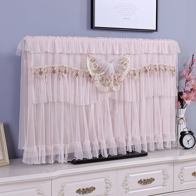 

Ruffle Dustproof TV Cover Cloth Polyester Fabric Television Dust Cover Lace Design Easy to Use Home Organizing