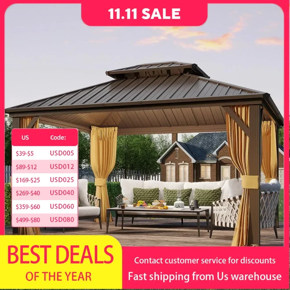 

gazebo.10' x 12' Hardtop Gazebo, Metal Gazebo with Aluminum Frame, Double Galvanized Steel Roof, Curtains and Netting Included