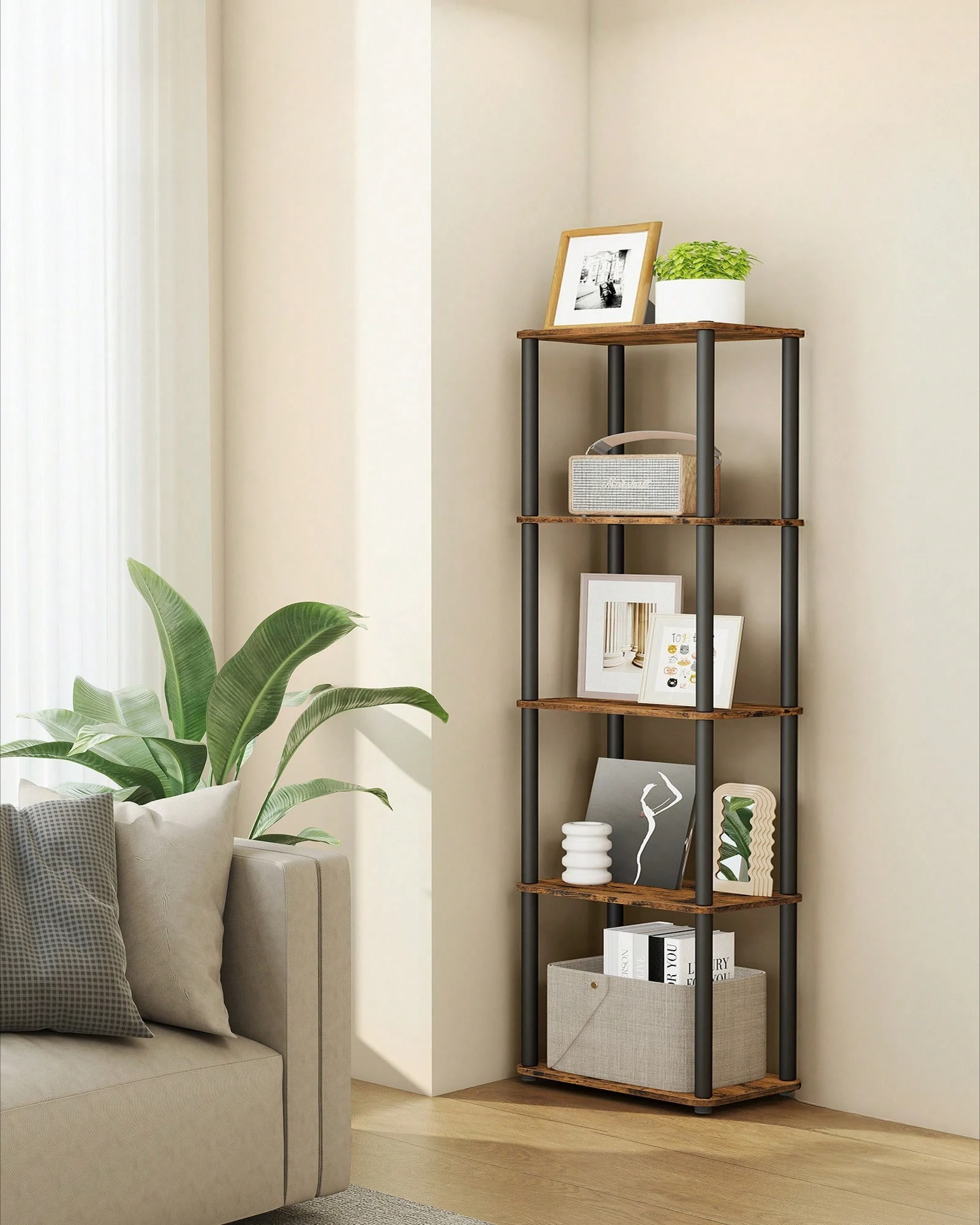 5-Tier Freestanding Bookshelf, Multipurpose Standing Storage Shelf for Living Room, Bedroom & Kitchen