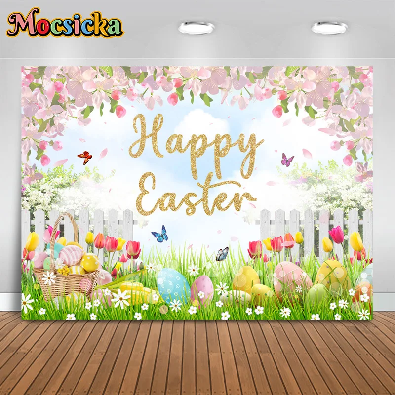 

Mocsicka Happy Easter Photography Backdrops Floral Eggs Meadow Backgrounds Family Potluck Party Kids Photo Portrait Studio