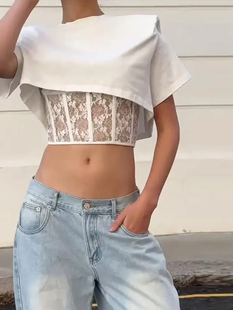Lace Patchwork Cropped Top Women Fashion O-Neck Short Sleeve Slim Fit Show Waist Corset 2 Pieces Shirt 2026 Summer Fashion Tops