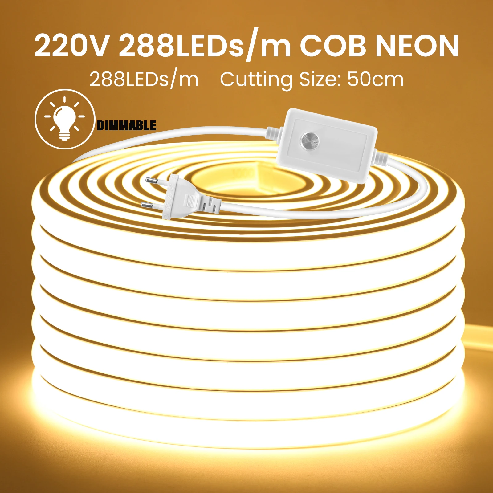 Dimmable 220V COB Neon LED Strip Light 288LEDs/m Flexible Ribbon with ON OFF/Dimmer RA90 Waterproof LED Tape for Outdoor Garden