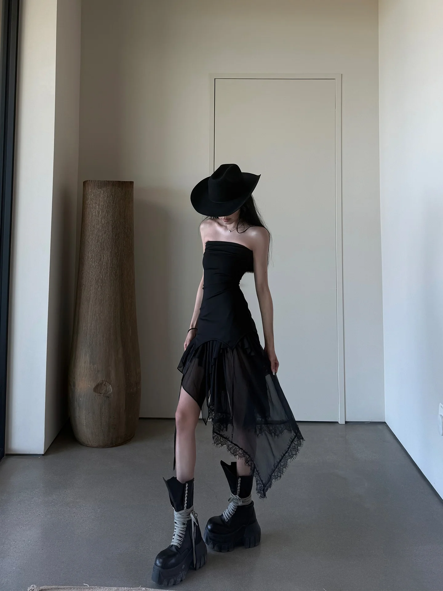 Black Irregular One Shoulder Knitted Tube Dress Slimming Summer Wrap Chest Dress Warden  Korean Style Sexy Nylon Fabric