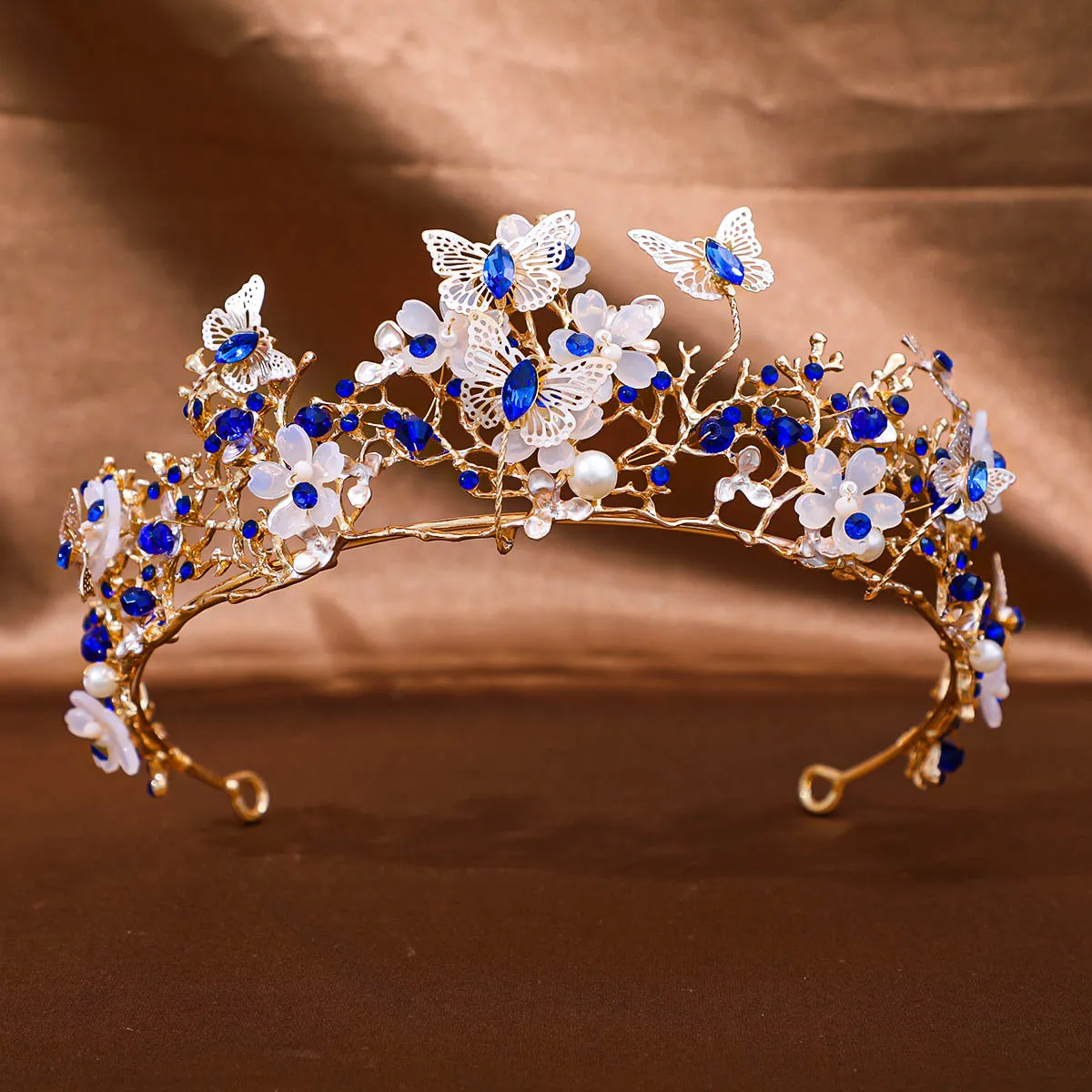 Handmade Tiara and Crown with Beaded Gold Color Hair Accessories Bridal Wedding Headband Flower Pattern Jewelry for Bride