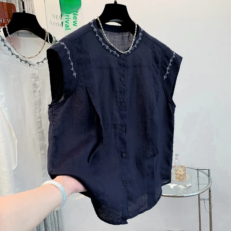 เสื้อคาร์ดิแกนผ้าฝ้ายลินินปักลาย สำหรับผู้หญิง แฟชั่นฤดูร้อน สไตล์วัยรุ่น คอตั้ง ทรงเข้ารูป ผ้าบางเบา