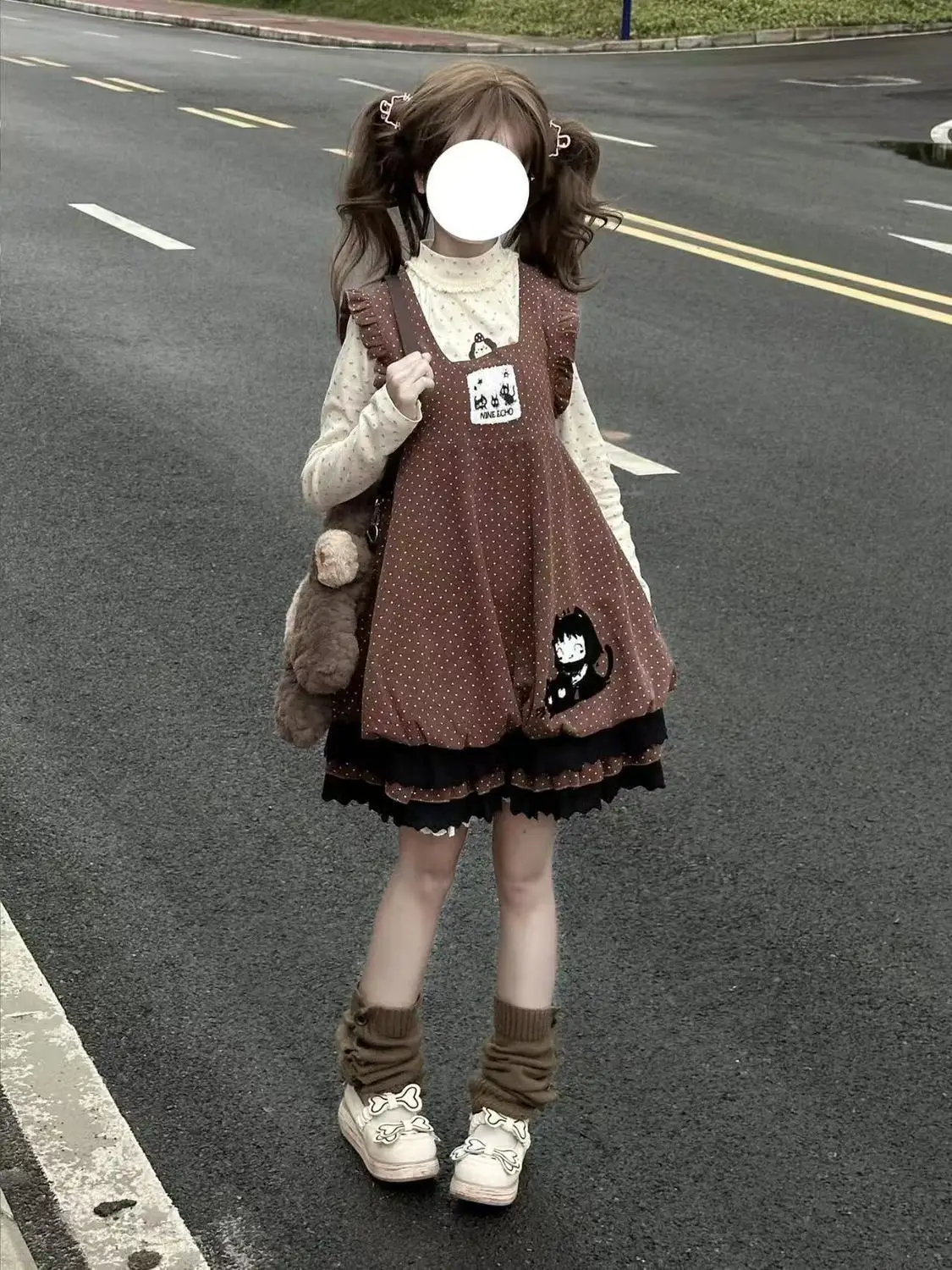 

Japan Sweet College Style Cute Polka-Dot Small Flying Sleeve Dress Paired With A Schoolgirl Long-Sleeved Two-Piece Set