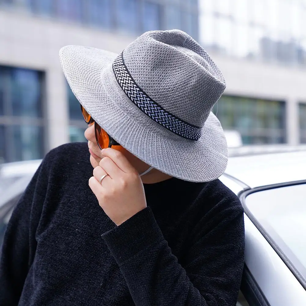 الرجال الصيف القش قبعة الشاطئ حافة كبيرة بنما المضادة للأشعة فوق البنفسجية قبعة الشمس في الهواء الطلق جولف قبعة الصيد بنما جاك الرجال القش سفاري قبعة #5