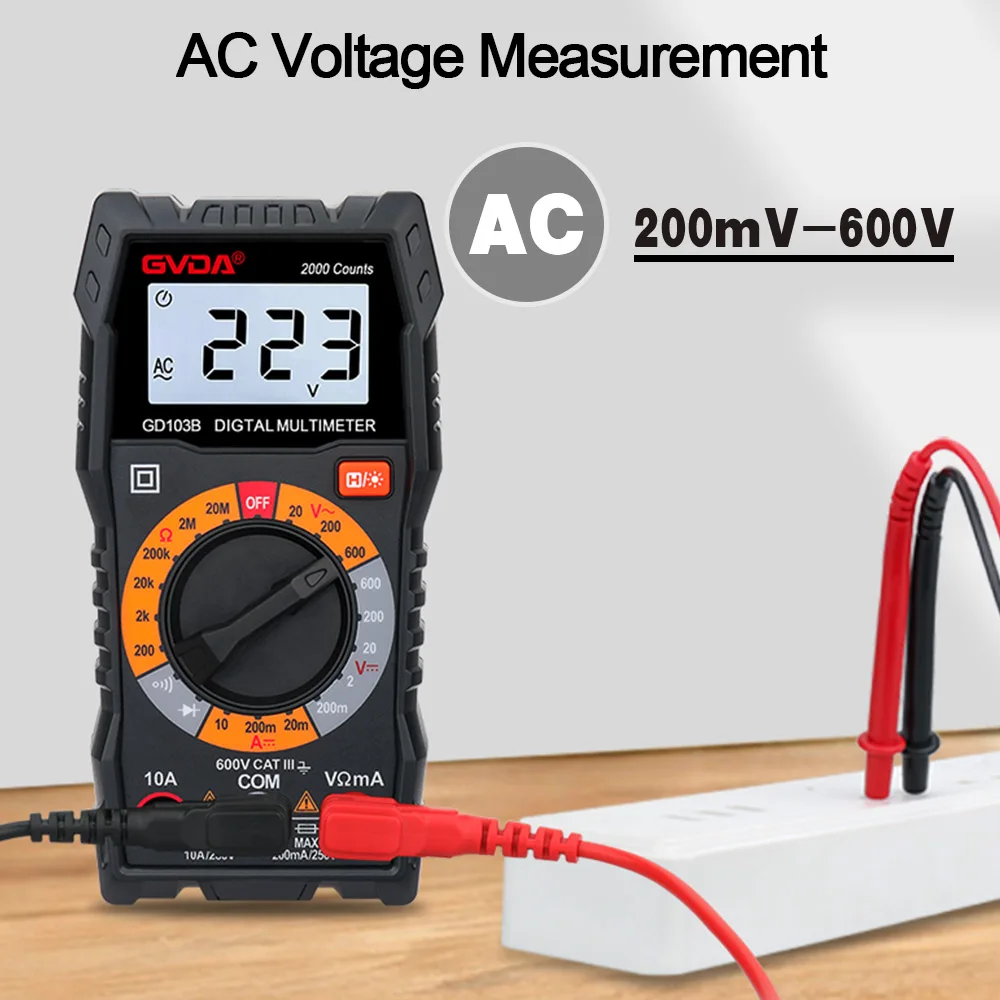 GVDA Multimetro digitale DMM Voltmetro Vero RMS AC DC Misuratore di tensione Diodo Continuità Resistenza Tester 2000 Conteggi Multitester