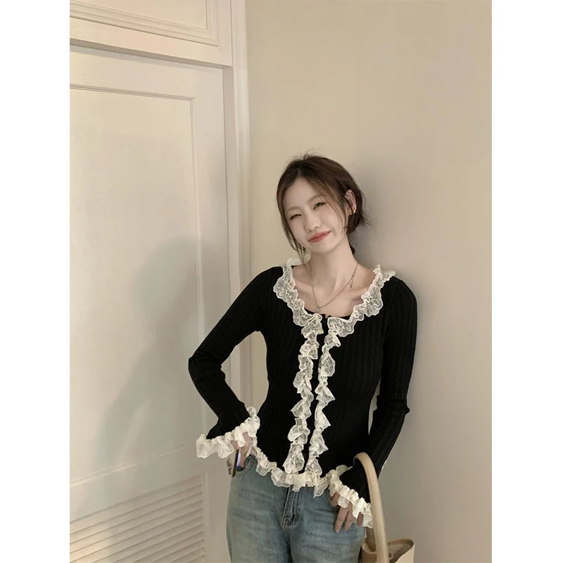 Elegant Cropped Knitted Cardigan Women Lace Patchwork Sweater Coat Y2K Korean Slim Knitwear Sweet Fashion Tunic Jumpers Tops New