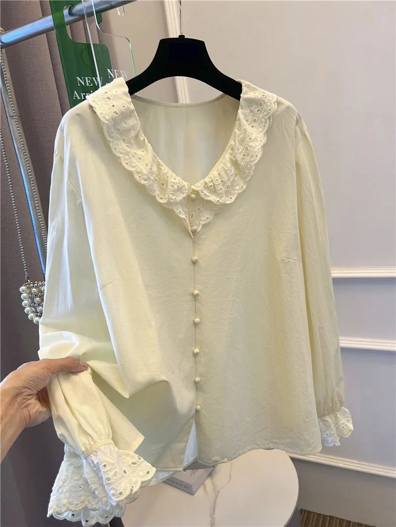 Chic Vintage Lace Doll Collar Long Sleeve New With Buttons Tops Women 2023 Summer Shirt  Ladies Blouse