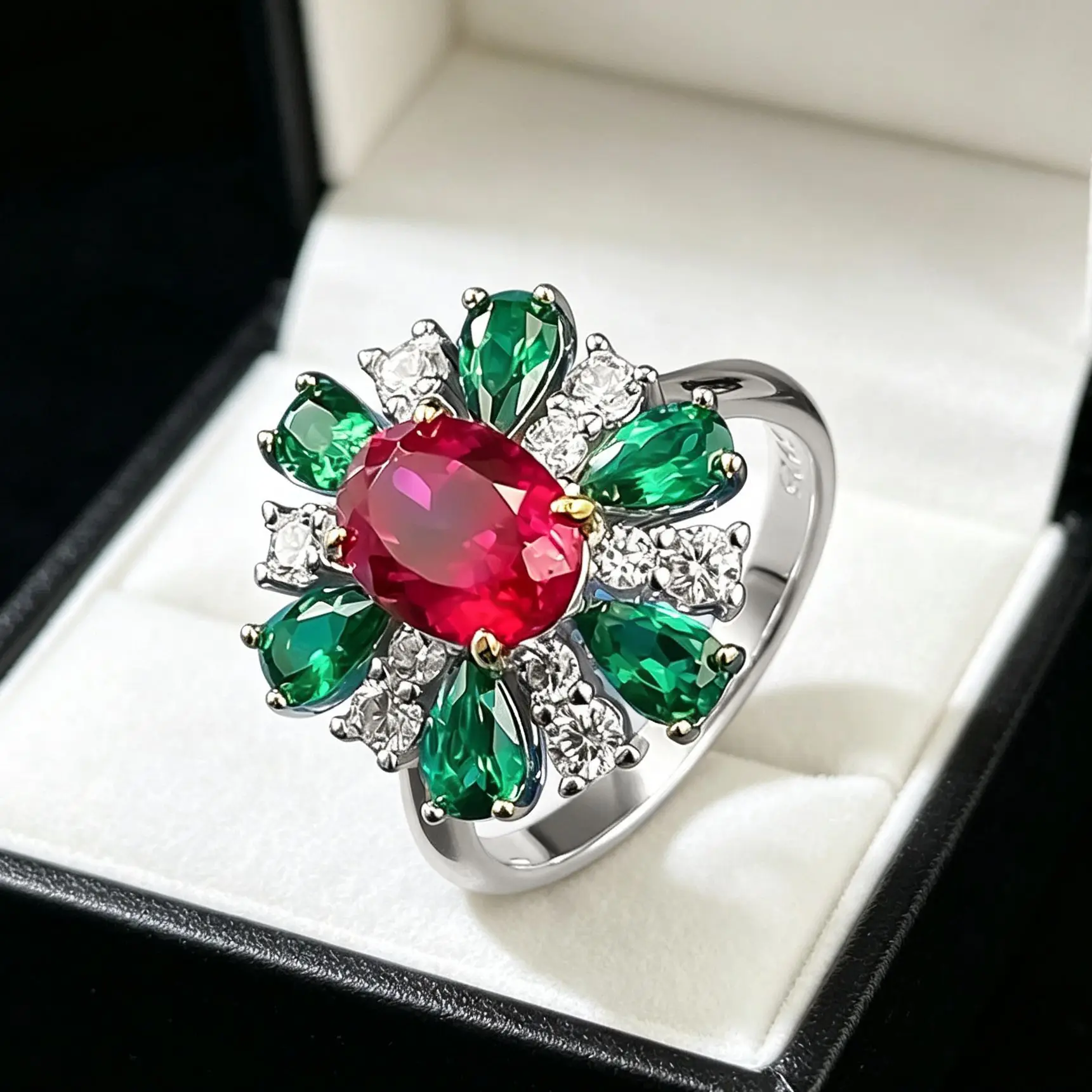 Luxury 18K white Solid Platinum PT950 certifid retro sunflower red and green color treasure dinner ring for women