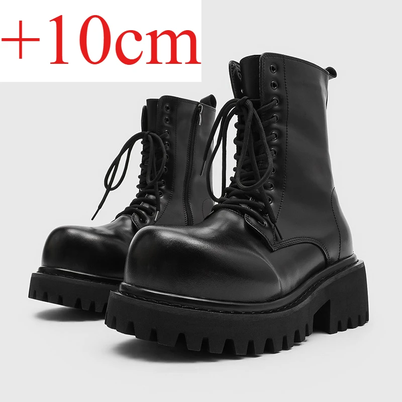 2026Men Black Glossy Lace Up Mid Calf Boots 10cm Hidden Height Increase Thick Lug Sole Gothic Street Fashion Leather Shoes