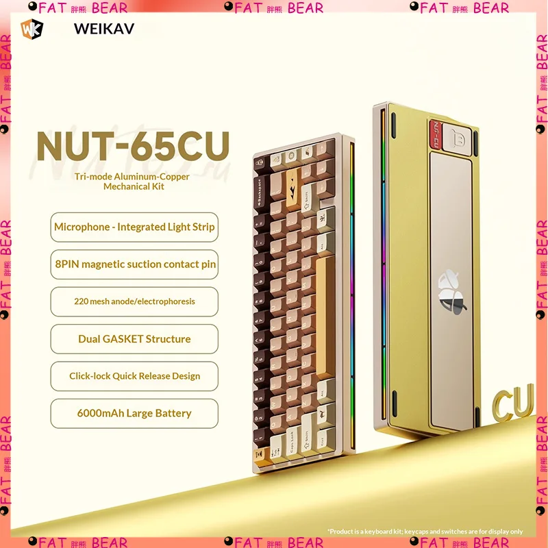 

Weikav Nut65 CU Механическая клавиатура из алюминиевого сплава с медным нижним корпусом Беспроводной Bluetooth Специальный комплект для игр и киберспорта