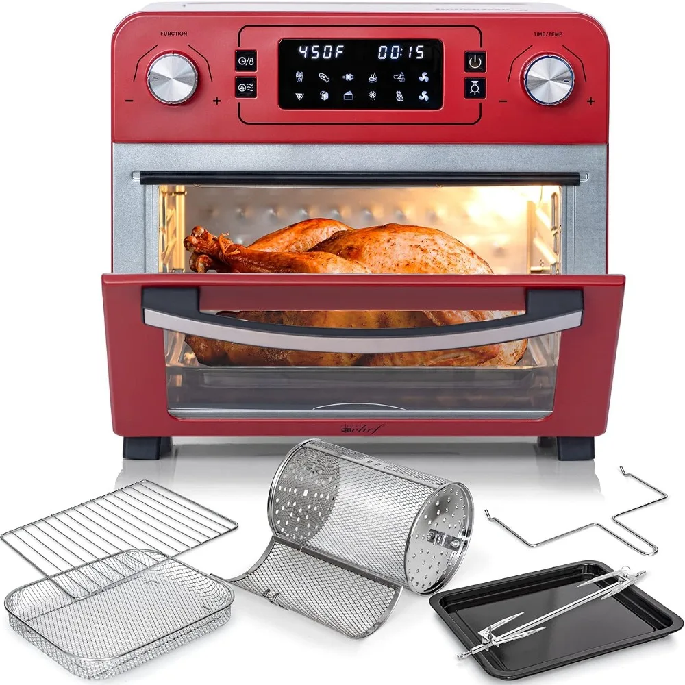 24 QT Red Stainless Steel Countertop 1700 Watt Toaster Oven with Built-in Air Fryer and Included Rotisserie Assembly,