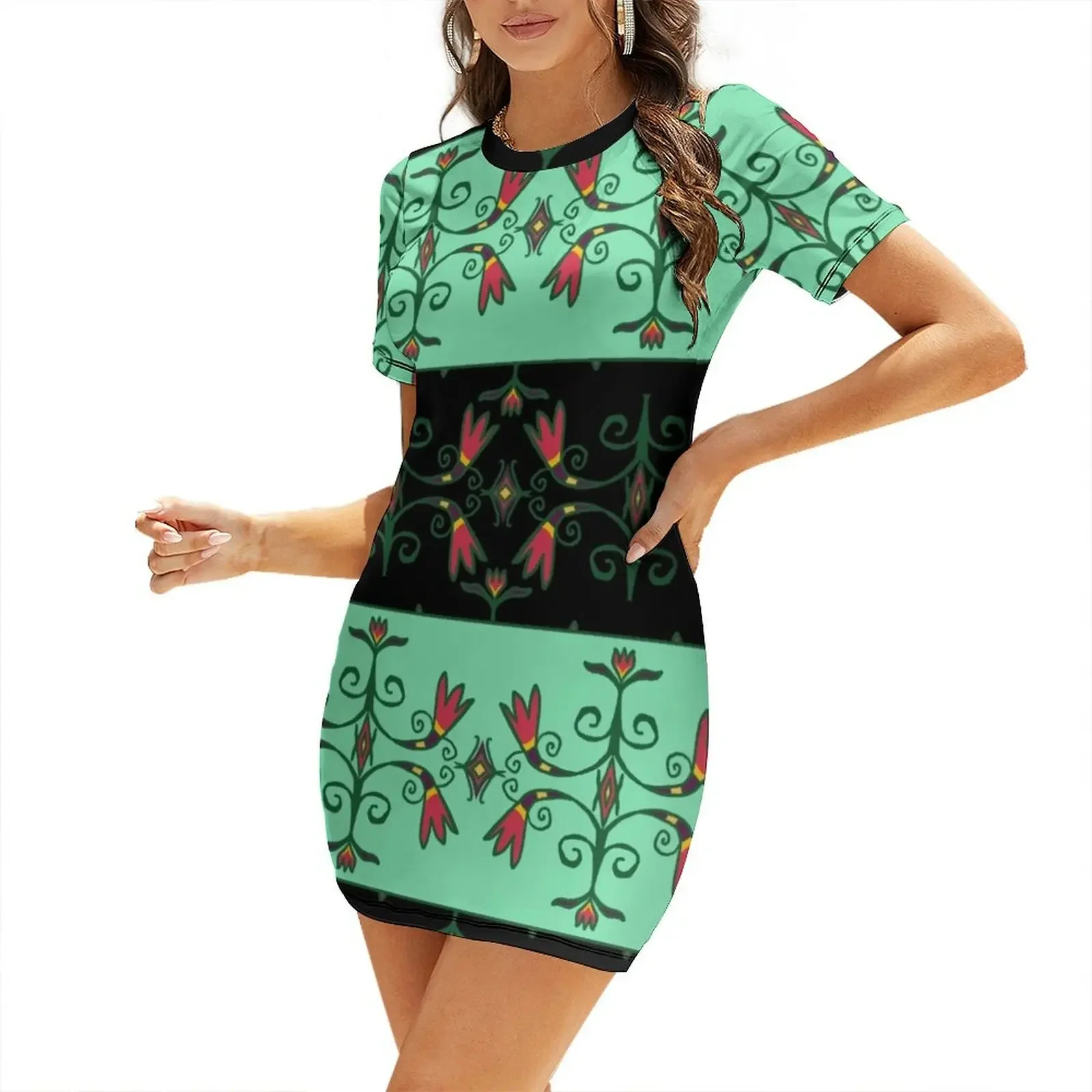 

Green Anishinaabe Floral Short-Sleeved Dress women's clothing korea stylish Women dresses summer dress summer 2025 women Dress