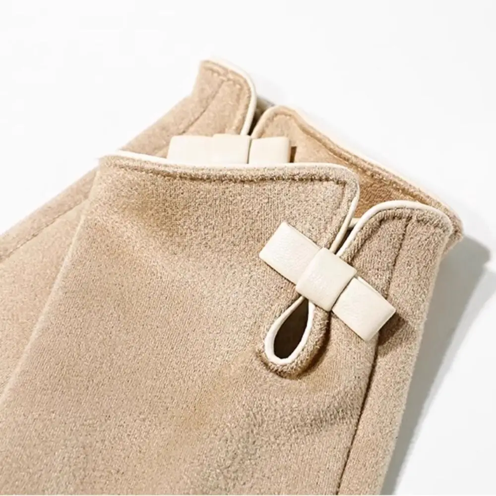 التزلج المخملية الشتاء القوس الجلد المدبوغ قفازات Bowknot سميكة بولي Leather قفازات جلدية بلون لينة النساء الدراجات القفازات الفتيات