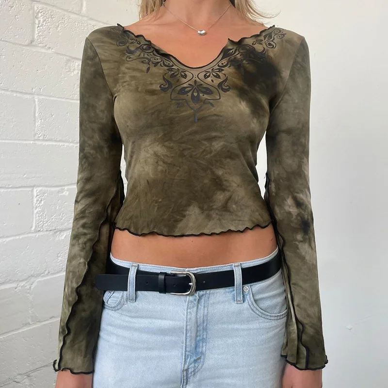 ملابس علوية نسائية برقبة على شكل حرف V ، قمصان كلاسيكية ، قوطية داكنة ، موضة أكوبي ، أكمام مضيئة ، بلوفرات قوطية ، تيشيرتات ، ملابس نسائية ، خريف #4