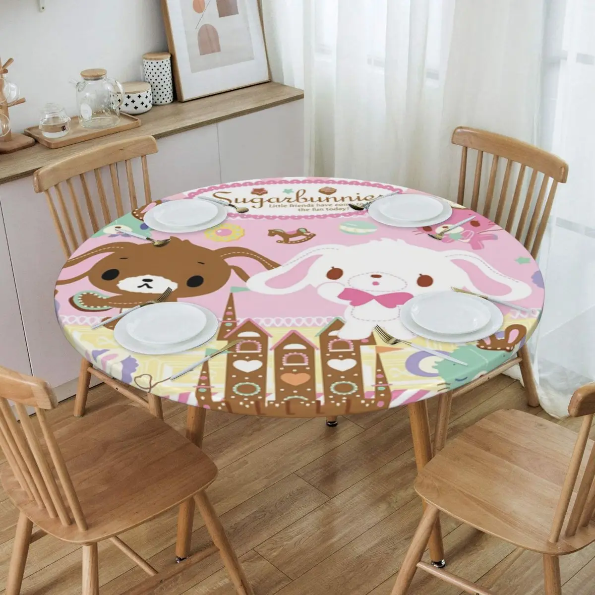 Customized Disney Cartoon Sugarbunnies Sanrio Japan Anime Tablecloth Round Elastic Waterproof Table Cover Cloth for Banquet