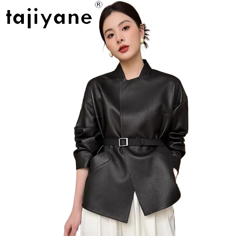 TAJIYANE 리얼 염소가죽 재킷 여성용 짧은 스타일리시 벨트 코트 고품질 천연 가죽 재킷 2026 가을옷 신상 아우터