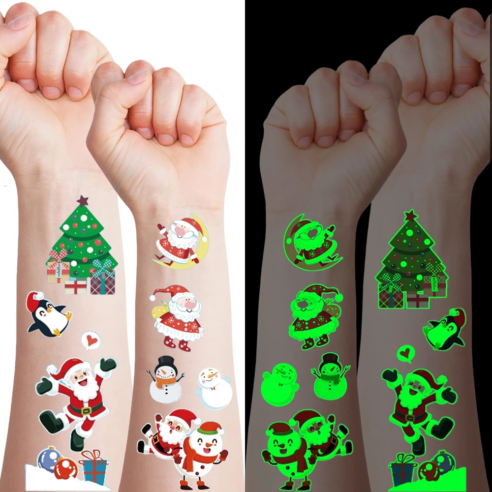 وشم مؤقت لعيد الميلاد المتوهج-سانتا كلوز، ساعة، شجرة، تصميم رجل الثلج لتزيين الوشم على شكل رسوم للجسم، حفلة دعائم عيد الميلاد #2