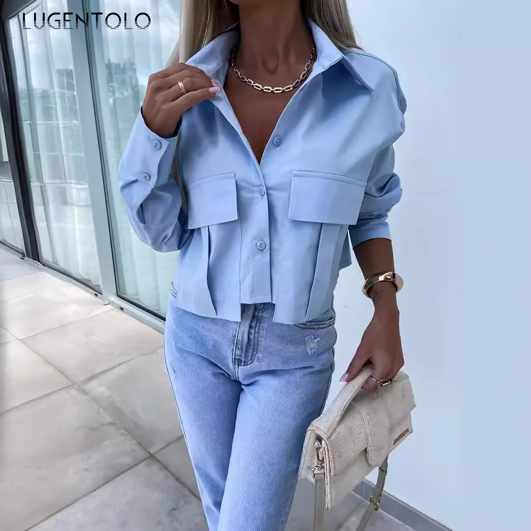 

Women Fashion Shirts Lapel Single-breasted Short Top Solid Spring Thin Casual Female Elegant Big Pocket Temperament Blouse